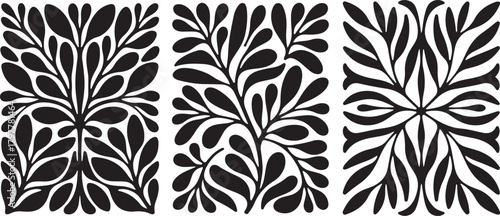 Three abstract black and white floral patterns with organic shapes and repeating motifs in a modern artistic style