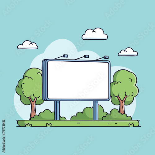 Empty outdoor advertising billboard surrounded by lush greenery and fluffy clouds under a clear blue sky