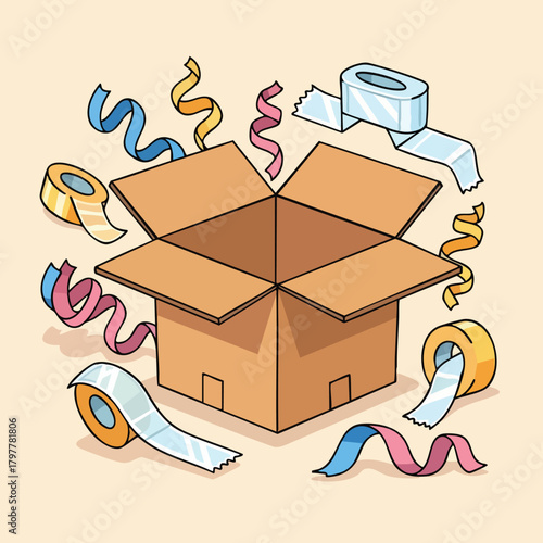 Unboxing fun with colorful ribbons and adhesive tape rolls creating a festive surprise around a cardboard container