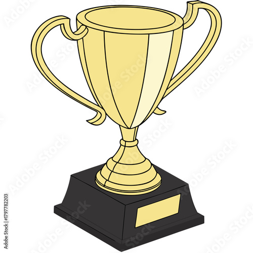 A gleaming gold trophy with ornate handles, resting on a black base, set against a plain white background.