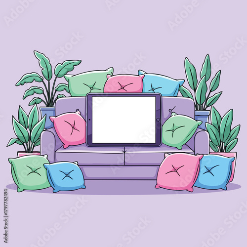 Cozy living room setup with a tablet screen ready for digital content surrounded by plush cushions and lush green plants creating a relaxing ambiance