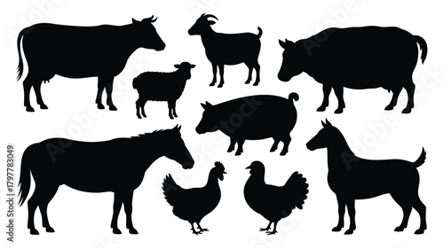 Farm animal silhouette collection featuring cow, goat, sheep, pig, horse, donkey, and chickens isolated on white, ideal for agriculture and education projects