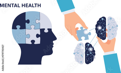 Mental health illustration showing brain puzzle pieces, cognitive therapy support, and psychological wellness concept for awareness design