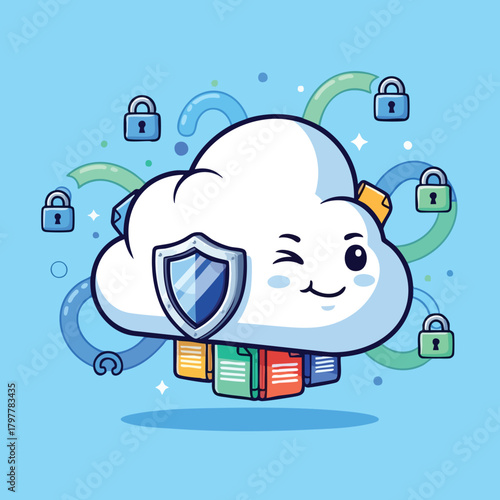 whimsical cloud character holding protected digital files with security locks surrounding it on a vibrant blue background representing data privacy