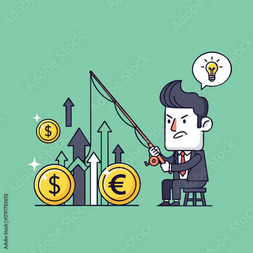 Entrepreneurial pursuit of financial gains with investment growth indicators and currency symbols illustrating profitable business ventures