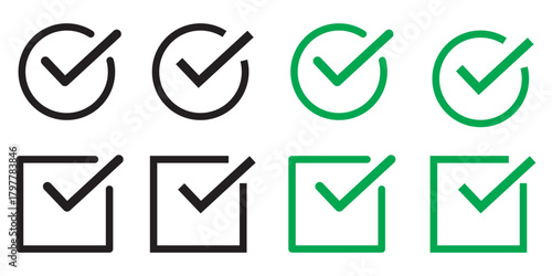 Check mark icons set. Checkmark vector icon collection. Checked icon or correct choice sign. Check mark or checkbox icon vector. Approved symbol, checked checkbox mark set editable line.