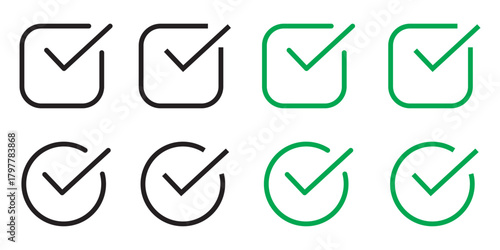 Check mark icons set. Checkmark vector icon collection. Checked icon or correct choice sign. Check mark or checkbox icon vector. Approved symbol, checked checkbox mark set editable line.