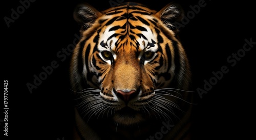 White Bengal tiger portrait: Dangerous striped wildcat mammal with black stripes and piercing eyes