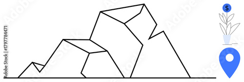 Geometric mountain outlines, growing plant with dollar sign, and a location pin. Ideal for progress, growth, investment, navigation, achievement goals economy. A simple flat metaphor