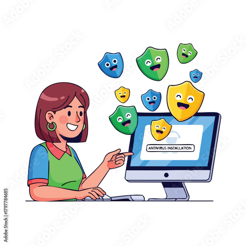 Digital security expert performing antivirus installation on a computer with playful shield icons appearing around