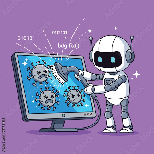 Futuristic robot cleans computer screen from digital viruses a symbol of cybersecurity and bug fixing innovation