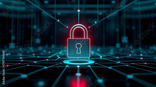 A digital padlock hovers above a glowing circuit board, symbolizing cybersecurity and data protection in the digital age, with intricate connections and a futuristic aesthetic