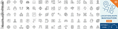 Location, Maps, Navigation icon collection set. Editable stroke.