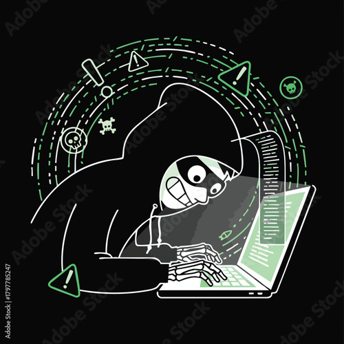 Digital specter in hooded darkness meticulously crafting cybernetic mischief on a glowing laptop screen