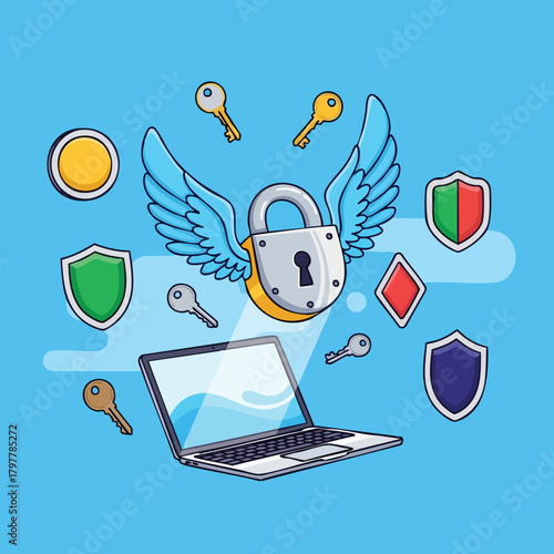 Digital security and privacy protection illustrated with flying lock and laptop icon