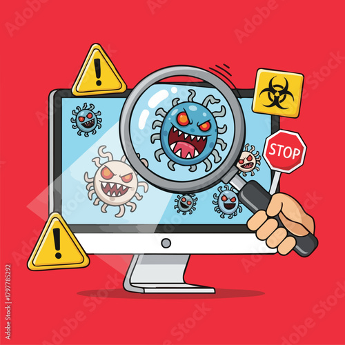 Digital threat analysis computer screen magnifying glass showing menacing viruses warning symbols present
