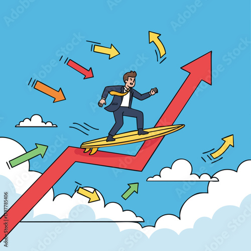 Entrepreneurial dynamism navigating market fluctuations with strategic surfing success on an upward trajectory symbolized by soaring arrows and a