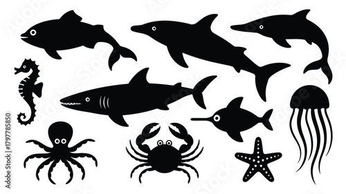 Delightful ocean creatures in silhouette for nautical designs and kids' projects, bringing a touch of underwater charm and playful creativity to your work