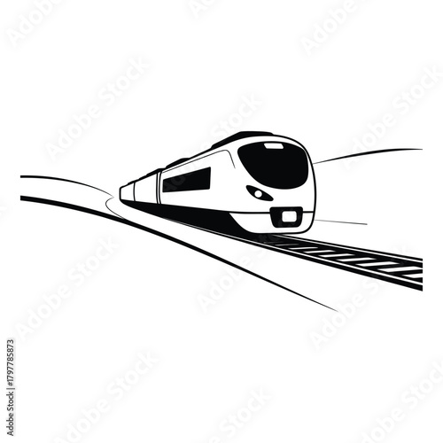 High speed train on railway track hurtling through countryside landscape