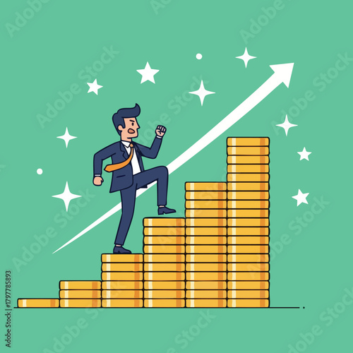 Illustrative depiction of a determined businessman ascending a staircase constructed from golden coins representing financial growth and success