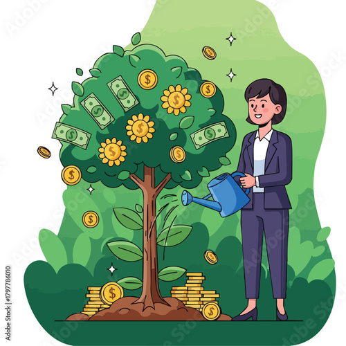Illustrative depiction of a business professional nurturing a flourishing money tree symbolizing financial growth and investment success