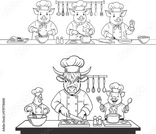 Funny cartoon animal chefs cooking illustration with pigs and bull in kitchen, black and white vector art of farm animals preparing food for restaurant menu concept culinary design and humorous teamwo