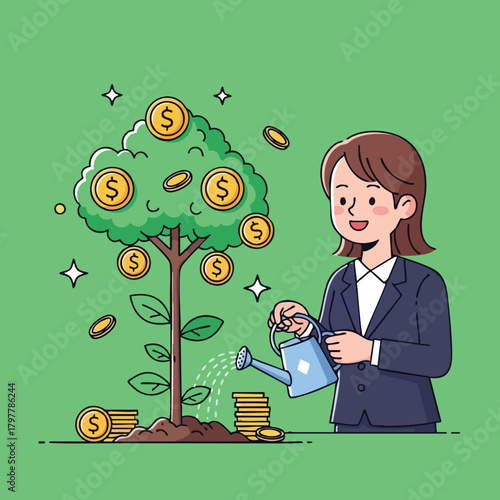 A business woman nurturing a money tree with coins sprouting from its branches symbolizing financial growth and investment success