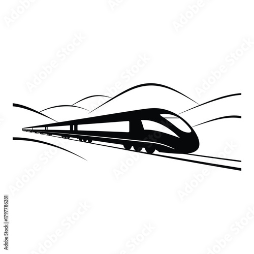 High speed train on railway track hurtling through countryside landscape Vector Art