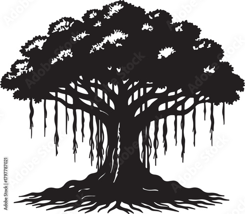 Silhouette of a large banyan tree with aerial roots and sprawling roots on a white background Keywords: banyan tree, silhouette, tree, aerial roots, prop roots, also transparent background