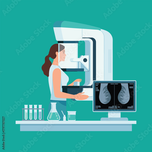 Woman Undergoing Mammogram Screening with Breast X-Ray Machine Illustration
