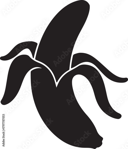 Silhouette of a partially peeled banana on a white background Keywords: banana, fruit, food, peeled, partially peeled, silhouette, black and white, icon, symbol, also transparent background