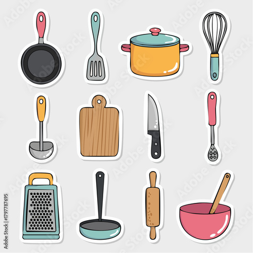 Kitchen utensils set icon vector silhouette illustration with chef, pan, pot, knife, fork, and spoon symbols for cooking food and drink tools