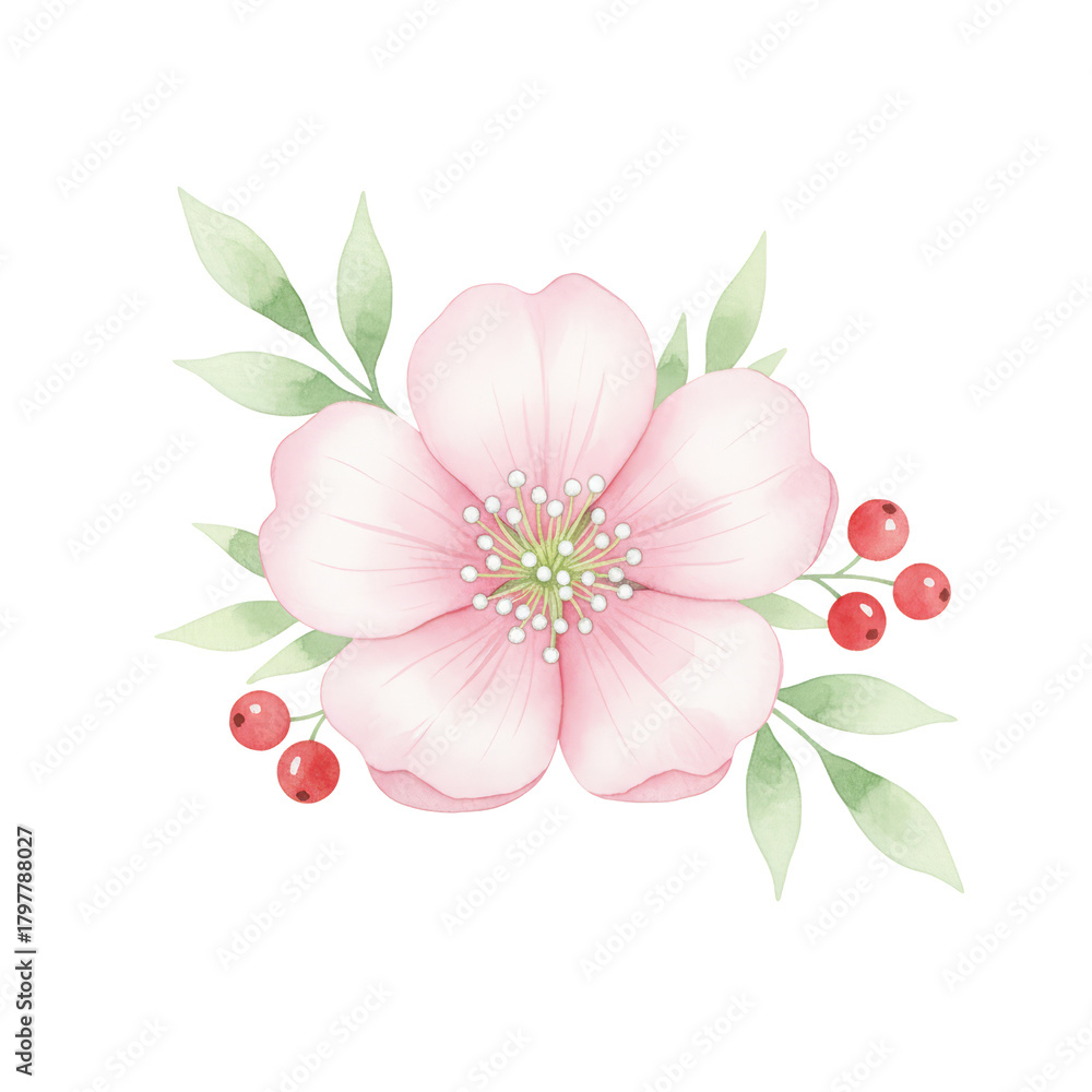 Fototapeta premium Elegant Pink Blossom Arrangement with Berries and Foliage on a Clear Setting