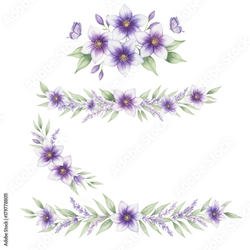 Elegant floral arrangement on transparent backdrop showcasing a watercolor of purple and lavender