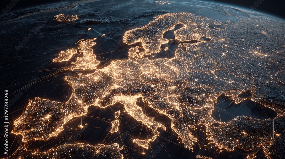 Naklejka premium Aerial view of Europe, showcasing city lights at night. It captures the region's intricate network of urban centers and the overall geographical view of Europe from above.