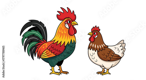 Colorful Rooster and Hen Illustration Farm Animals in Vector Style