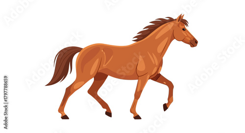 Cartoon Illustration of a Majestic Brown Horse in Motion on White Background