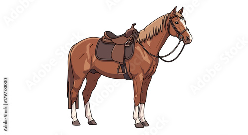 Illustrated Brown Horse with Saddle Equestrian Lifestyle Concept