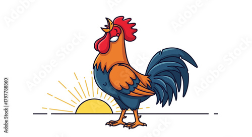 Cartoon Rooster Crowing at Sunrise Vector Illustration