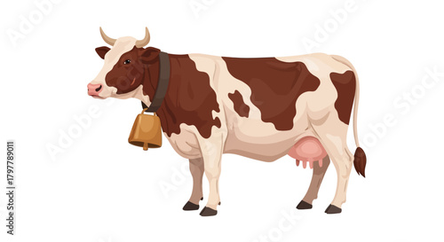 Dairy Cow with Bell Brown and White Livestock Illustration