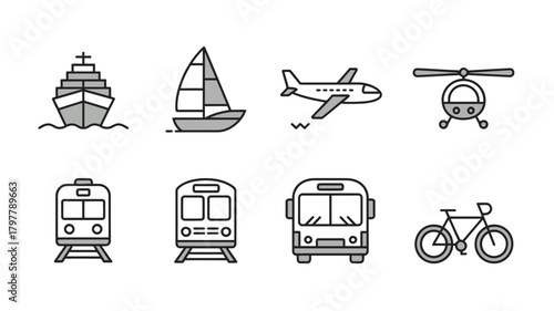 Modern transportation icons including ship, sailboat, airplane, helicopter, train, bus, and bicycle for travel and commute concepts
