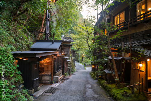 Kurokawa onsen bath house with steam and ryokan in town, Kumamoto