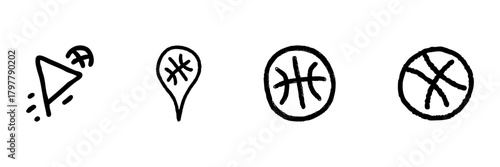 Basketball Themed Line Icon Set In Doodle Style. Sports Navigation, Location, And Game Strategy Outline Sketch Collection. Hand Drawn Isolated Vector Illustration
