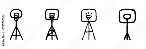 Basketball Hoop Line Icon Set In Doodle Style. Sports Equipment, Recreation, And Outdoor Activity Outline Sketch Collection. Hand Drawn Isolated Vector Illustration