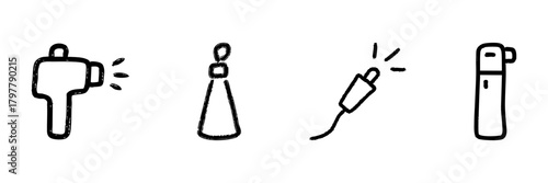 Hair Dryer, Spray Bottle, Electric Plug, And Thermos Line Icon Set In Doodle Style. Personal Care, Cleaning, Electrical Connection Outline Sketch Collection. Hand Drawn Isolated Vector Illustration