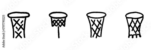Basketball Hoop Line Icon Set In Doodle Style. Sports Equipment, Recreation, And Team Game Outline Sketch Collection. Hand Drawn Isolated Vector Illustration