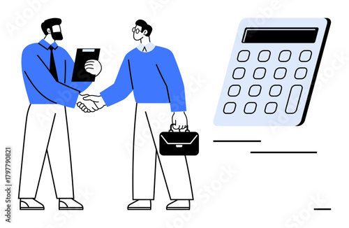 Two professionals shaking hands, one holding a clipboard, next to a digital calculator. Ideal for partnership, financial planning, business deals, teamwork, accounting, cooperation and negotiation