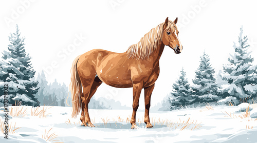 Light brown horse in snowy paddock with pine trees winter meadow concept