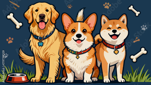 A collection of various cute puppies, with cartoon hand-drawn vector illustrations