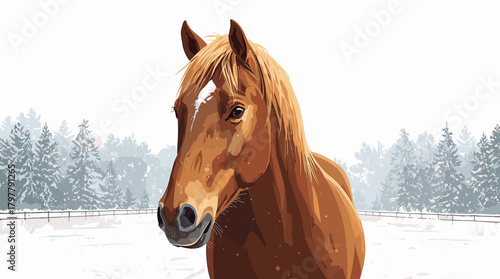 Closeup of palomino horse head in snowy paddock with fir trees winter peaceful atmosphere